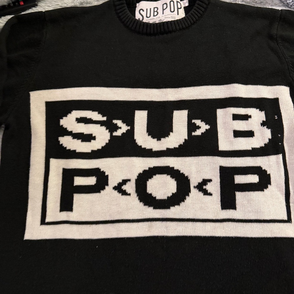 Sub Pop Seattle Knit Logo Crewneck Sweater Acrylic Knit 2015 Black Sz Small - Picture 2 of 6